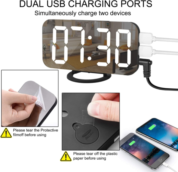 LED Clocks, Mirror Surface for Makeup, with Diming Mode, 3 Levels Brightness, Dual USB Ports, Black - Image 5