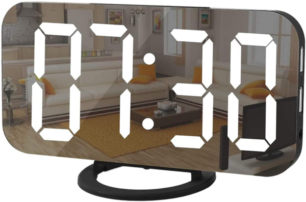 LED Clocks, Mirror Surface for Makeup, with Diming Mode, 3 Levels Brightness, Dual USB Ports, Black