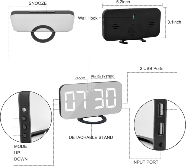LED Clocks, Mirror Surface for Makeup, with Diming Mode, 3 Levels Brightness, Dual USB Ports, Black - Image 4
