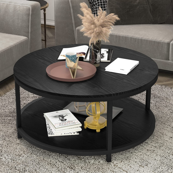 36 Inches round Coffee Table, Rustic Wooden Surface Top & Sturdy Metal Legs, Black