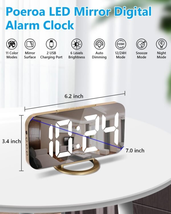 7 in LED Digital Alarm Clock, With 2 USB Charger Ports, Auto Dim, Night Mode, Gold - Image 3