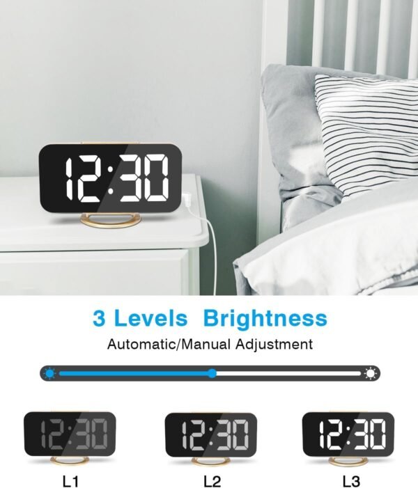 7 in LED Digital Alarm Clock, With 2 USB Charger Ports, Auto Dim, Night Mode, Gold - Image 6