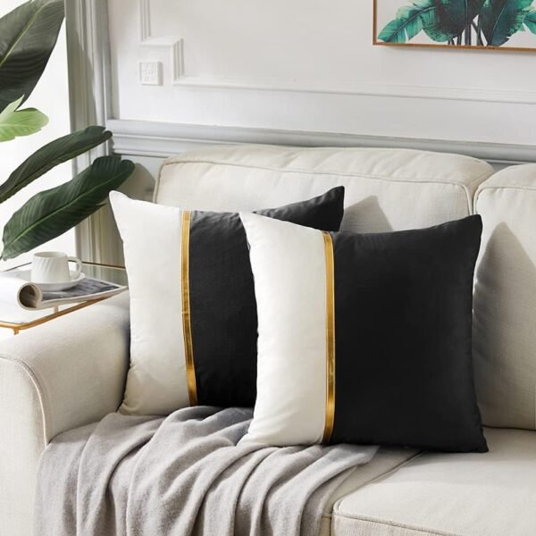 2 Packs Decorative Throw Pillow Covers  for Living Room Couch Bed, Black and White Velvet Patchwork with Gold Leather, L45X45 Cm