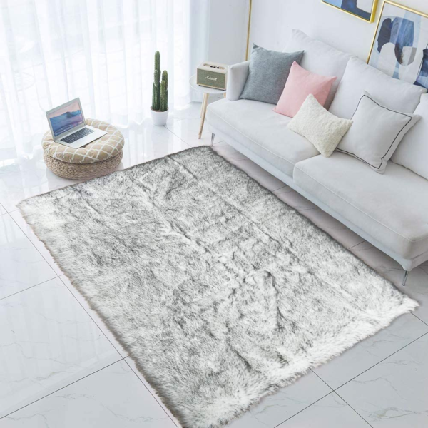 Shaggy Soft Faux Sheepskin Fur Area Rugs, 6Ft X 9Ft, White with Black Tips