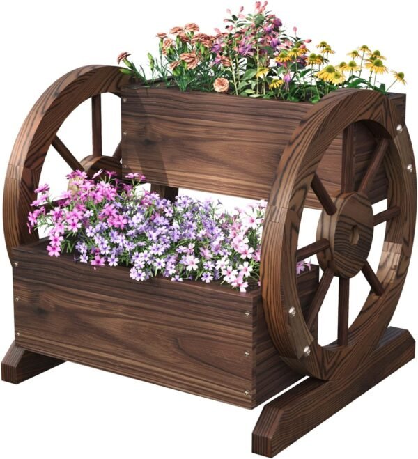 Wooden Wagon Planter Box, 2 Tier Planter for Outdoor Plants - Image 2