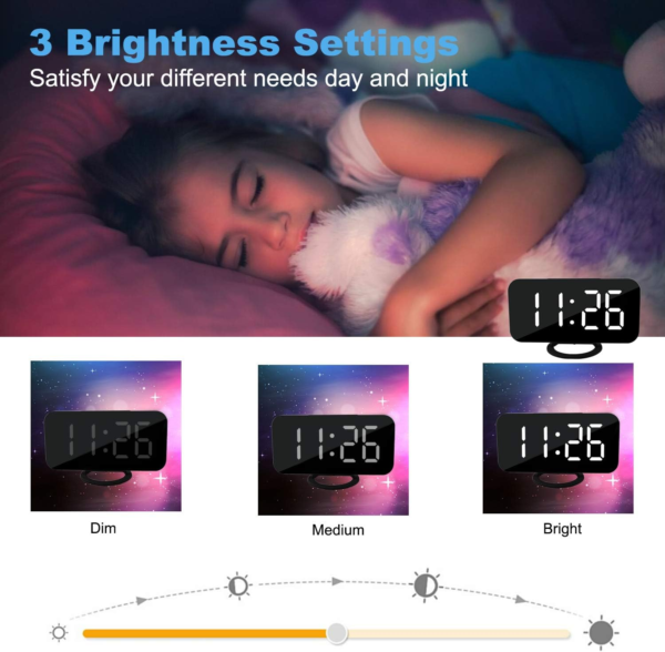 LED Clocks, Mirror Surface for Makeup, with Diming Mode, 3 Levels Brightness, Dual USB Ports, Black - Image 3