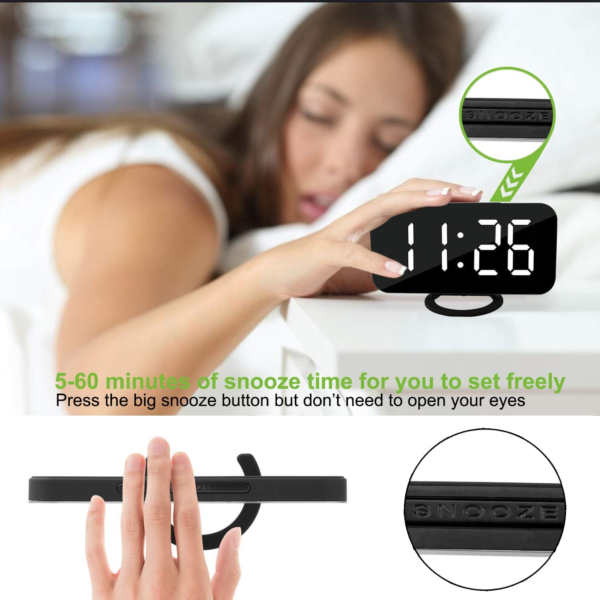 LED Clocks, Mirror Surface for Makeup, with Diming Mode, 3 Levels Brightness, Dual USB Ports, Black - Image 6