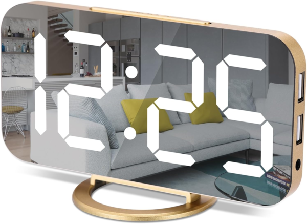 7 in LED Digital Alarm Clock, With 2 USB Charger Ports, Auto Dim, Night Mode, Gold - Image 2