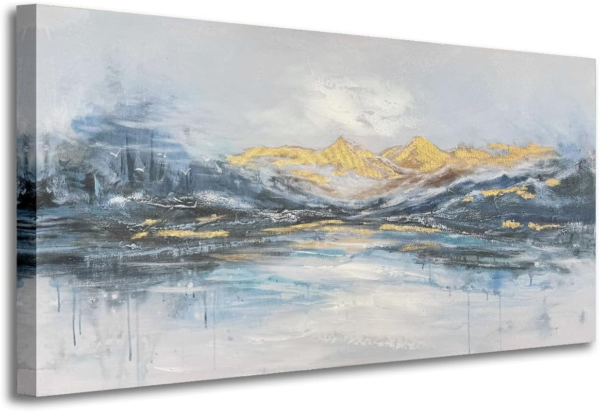 Abstract Mountain Wall Art Blue and Gold Painting - Image 2