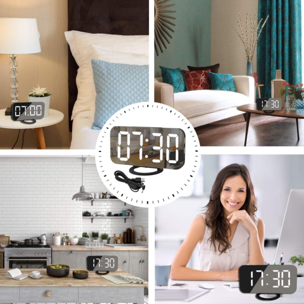 LED Clocks, Mirror Surface for Makeup, with Diming Mode, 3 Levels Brightness, Dual USB Ports, Black - Image 7